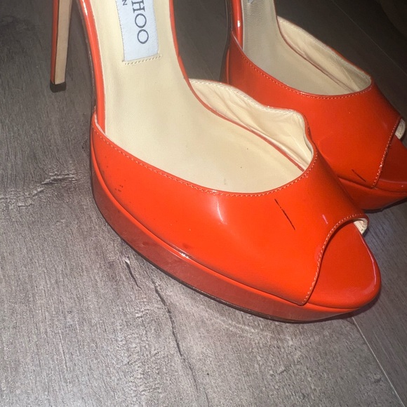 Jimmy Choo Linda Ankle-Wrap Patent Platform Sandal, Tangerine - Picture 4 of 10